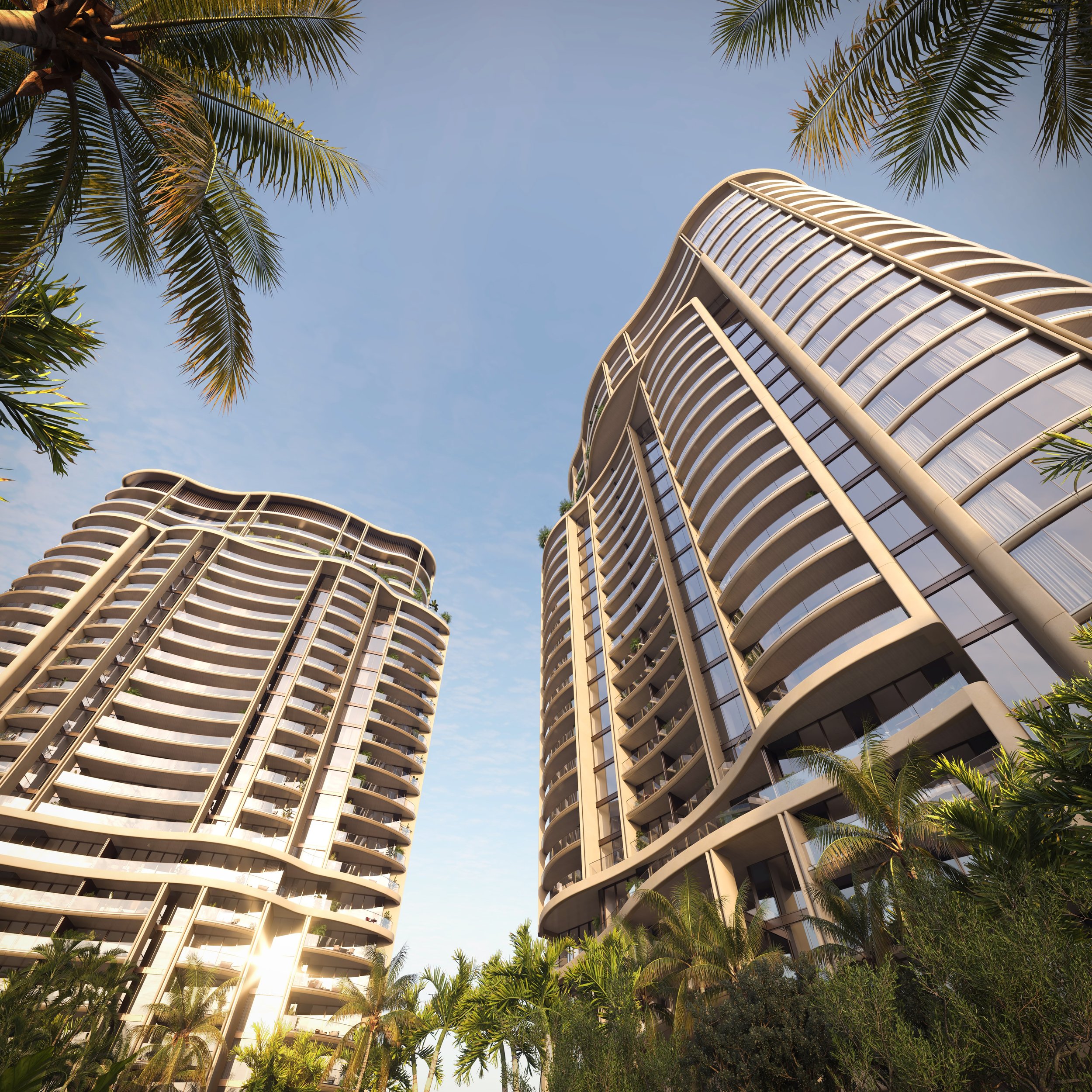 Low-angle exterior rendering of Edgeworth West Palm Beach twin curved towers designed by Kohn Pedersen Fox