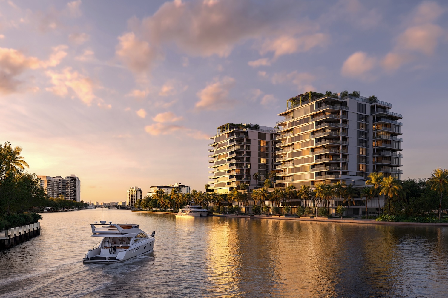 Aerial rendering of The Ritz-Carlton Residences Fort Lauderdale Beach twin towers along the Intracoastal Waterway at sunset