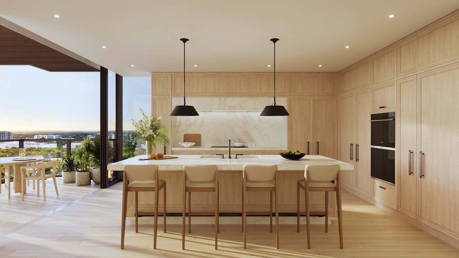 Modern luxury kitchen interior with white oak cabinetry, marble backsplash, and Sub-Zero Wolf appliances at The Ritz-Carlton Residences Fort Lauderdale Beach