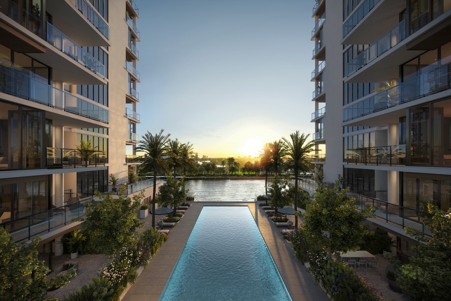 Lap pool and leisure pool deck between the twin towers at The Ritz-Carlton Residences Fort Lauderdale Beach
