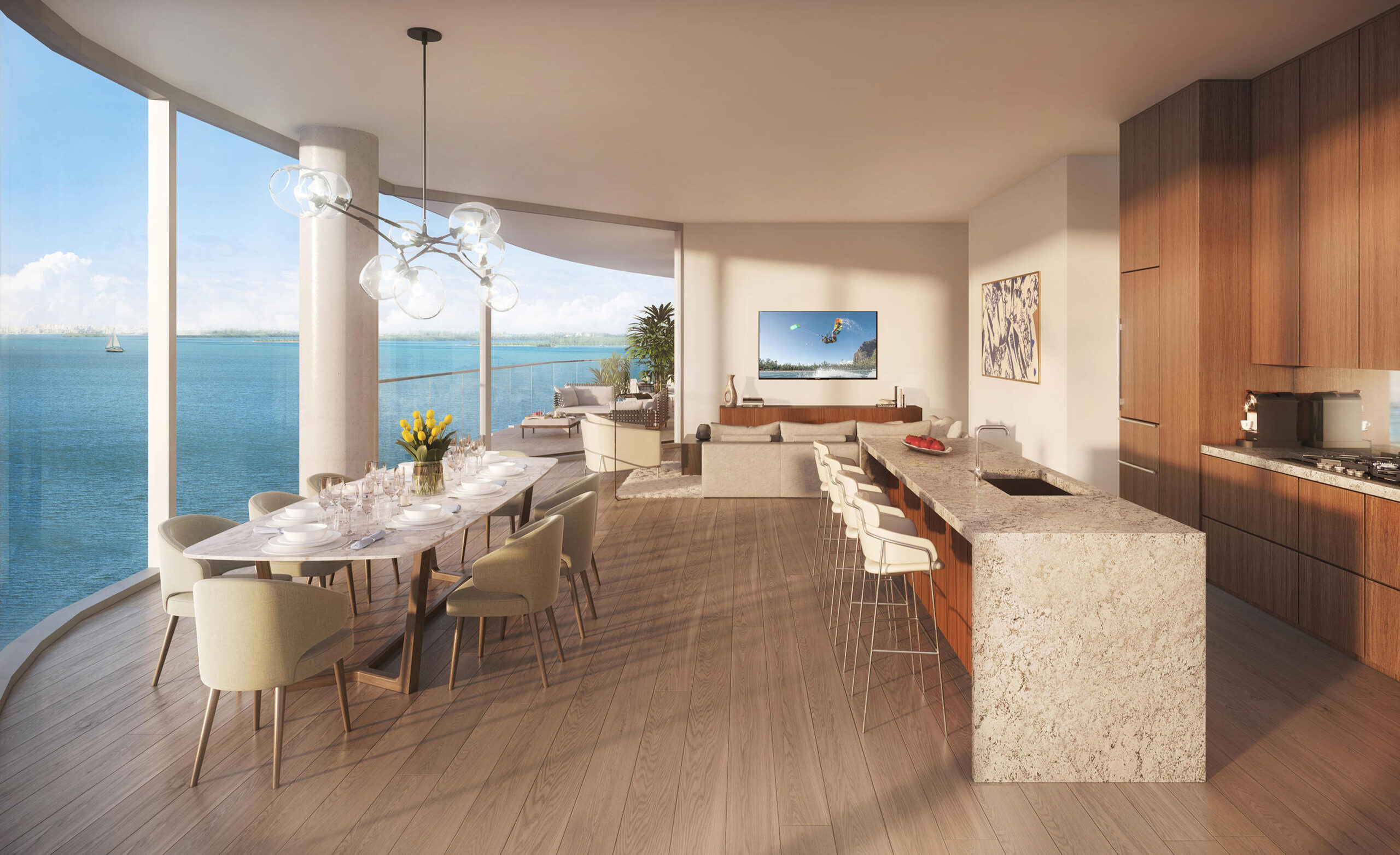 Una Residences Brickell great room interior with floor-to-ceiling bay views