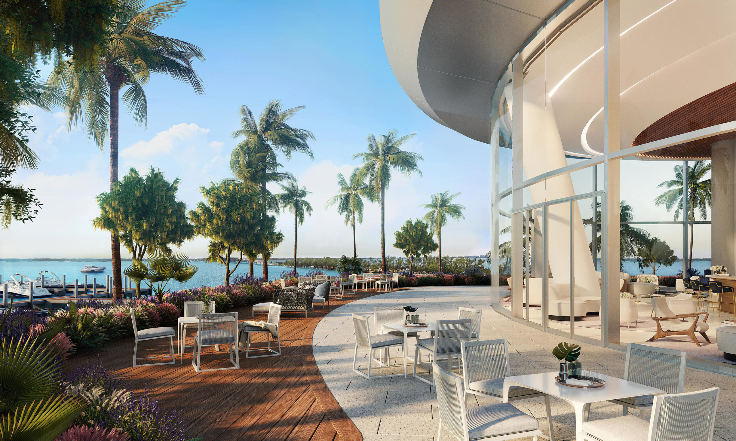 Una Residences Brickell outdoor lounge terrace and private marina